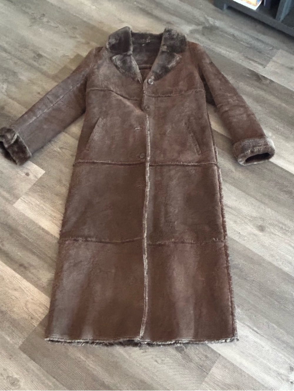 Brandon Thomas Coco Brown Long suede and faux fur Sherpa Trench Coat